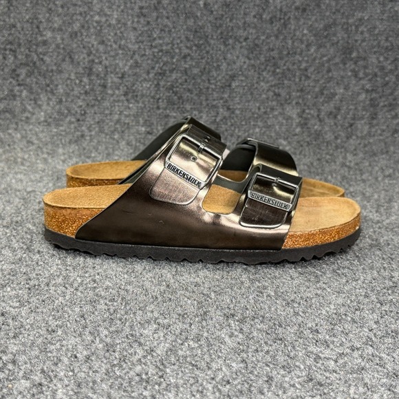Birkenstock Shoes - Birkenstock Arizona Soft Footbed Sandal Women 6 Metallic Anthracite Buckle Slide